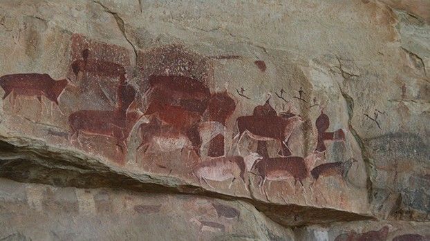 Red rock paintings of antelopes and people on a rock face