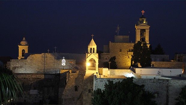 The Church of the Nativity in Bethlehem, illuminated at night