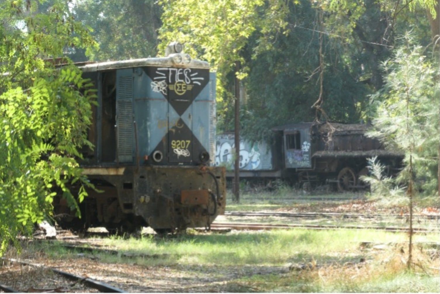 Locomotive diesel envahie par la végétation et couverte de graffitis sur une voie désaffectée